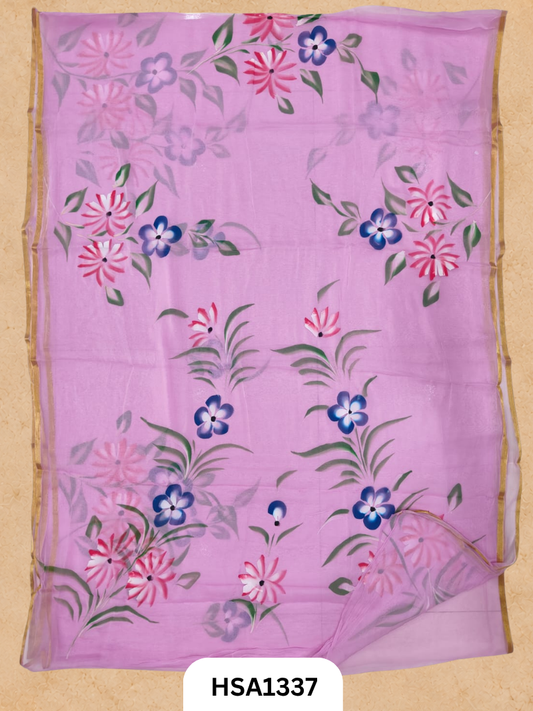 Chiffon Zari Border Saree - Hand Brush Painted
