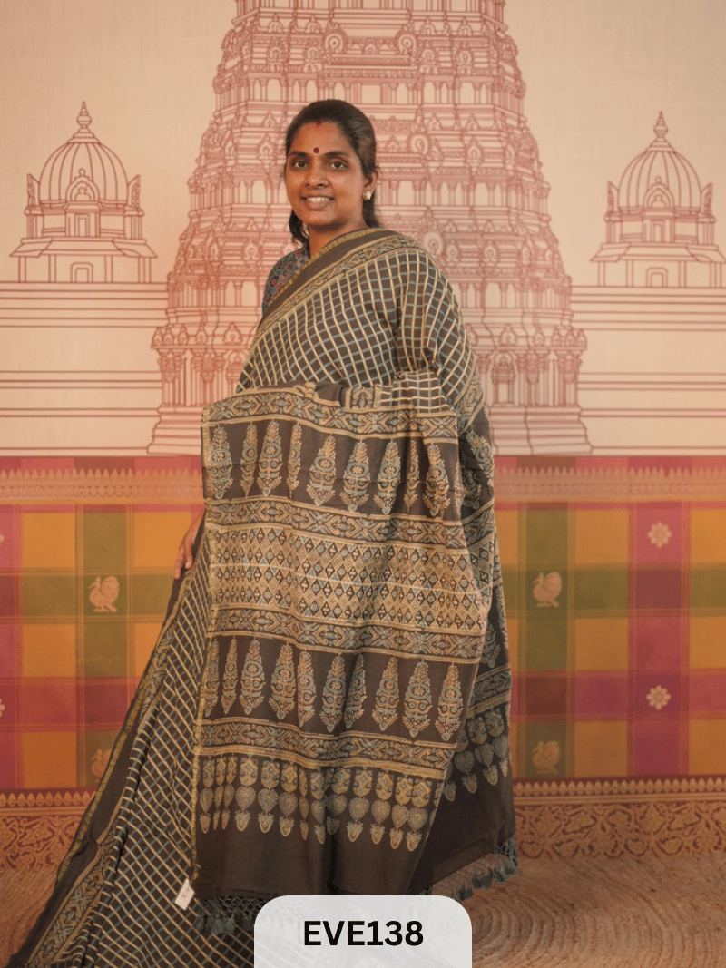 PURE CHANDERI SILK AJRAKH HANDBLOCK SAREE