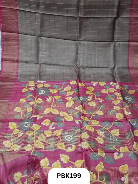 Pure Tussar Silk Saree with Checked design  Plain Body with Kalamkari Design in Pallu