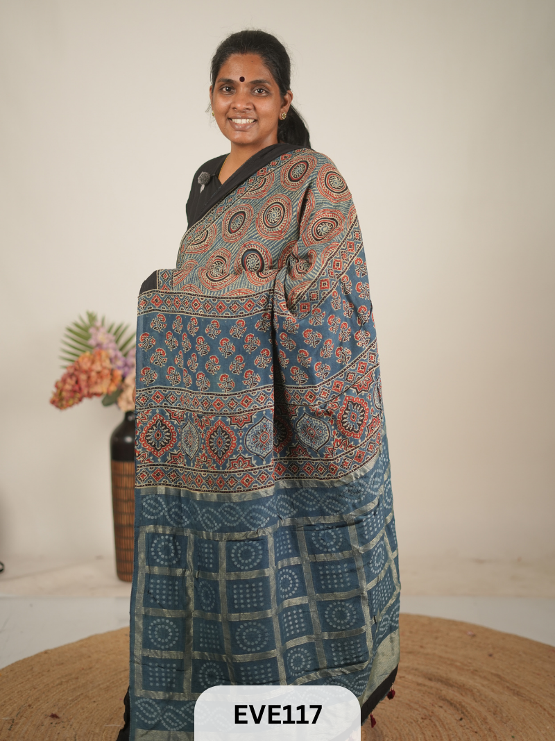 TUSSAR CHANDERI WITH GHARCHOLA - NATURAL AJRAKH HANDBLOCK