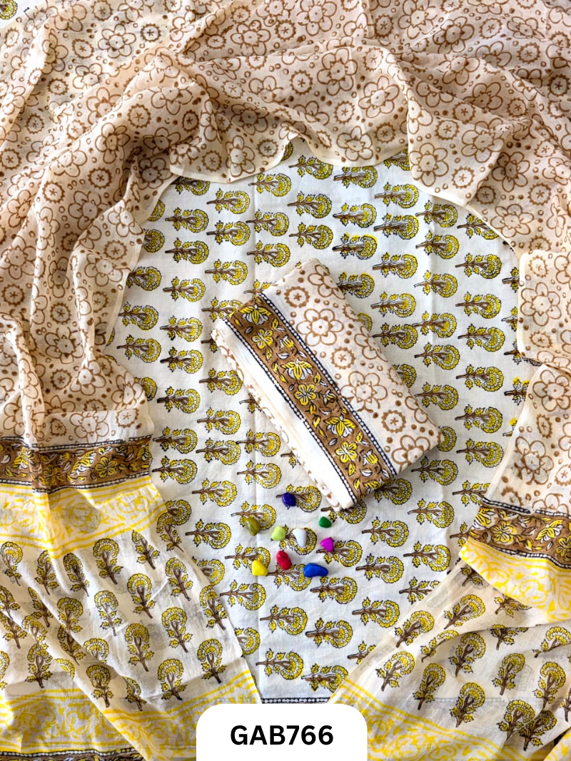 Handblock Cotton Suits With Mulmul Cotton Dupatta | Top 2.5 Mtr Dupatta 2.5 Mtr