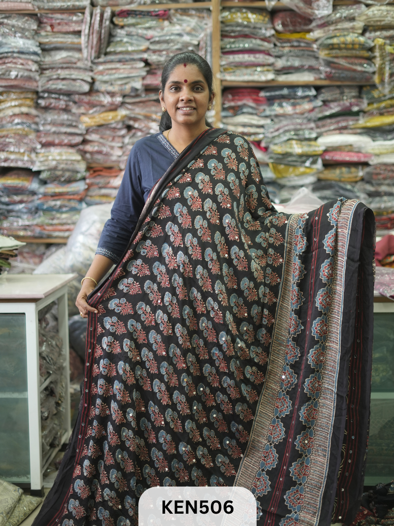 MODAL NATURAL AJRAKH HANDBLOCK SAREE WITH GLUE MIRROR