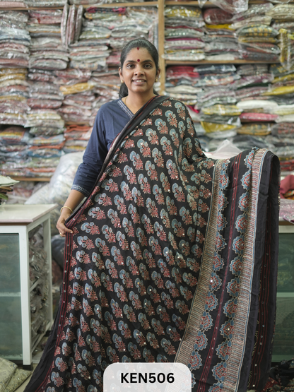 MODAL NATURAL AJRAKH HANDBLOCK SAREE WITH GLUE MIRROR