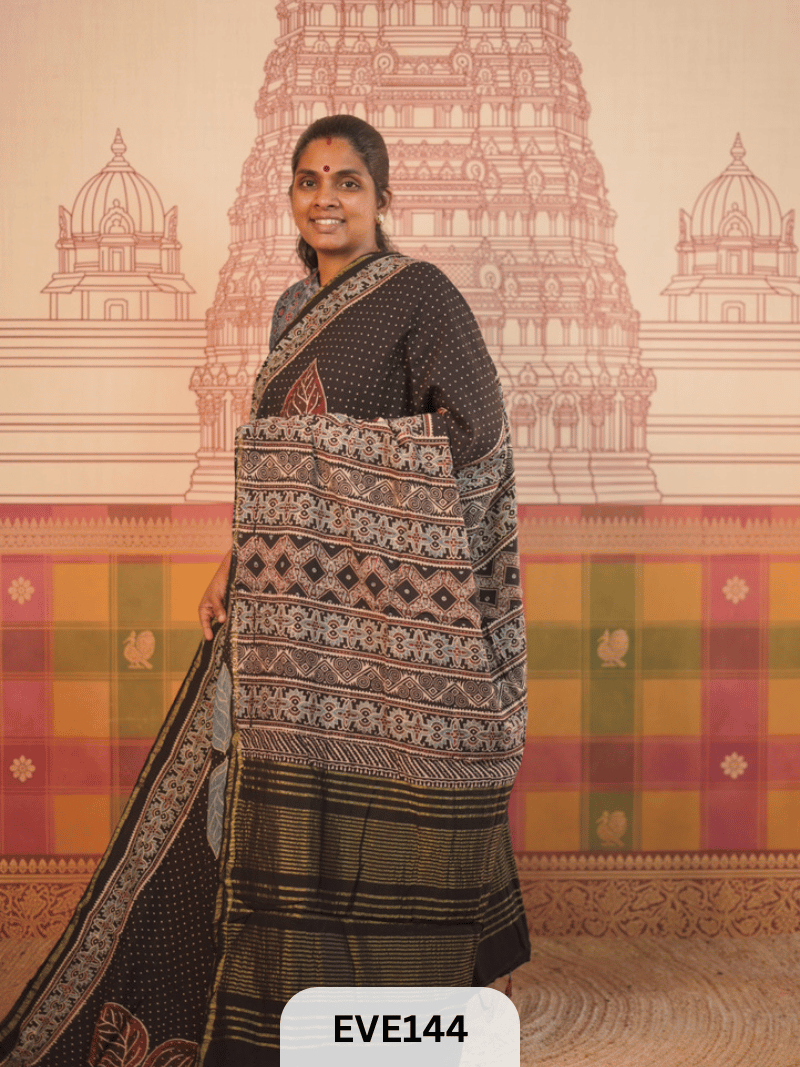 PURE CHANDERI SILK AJRAKH HANDBLOCK SAREE