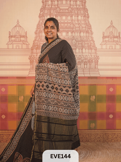 PURE CHANDERI SILK AJRAKH HANDBLOCK SAREE