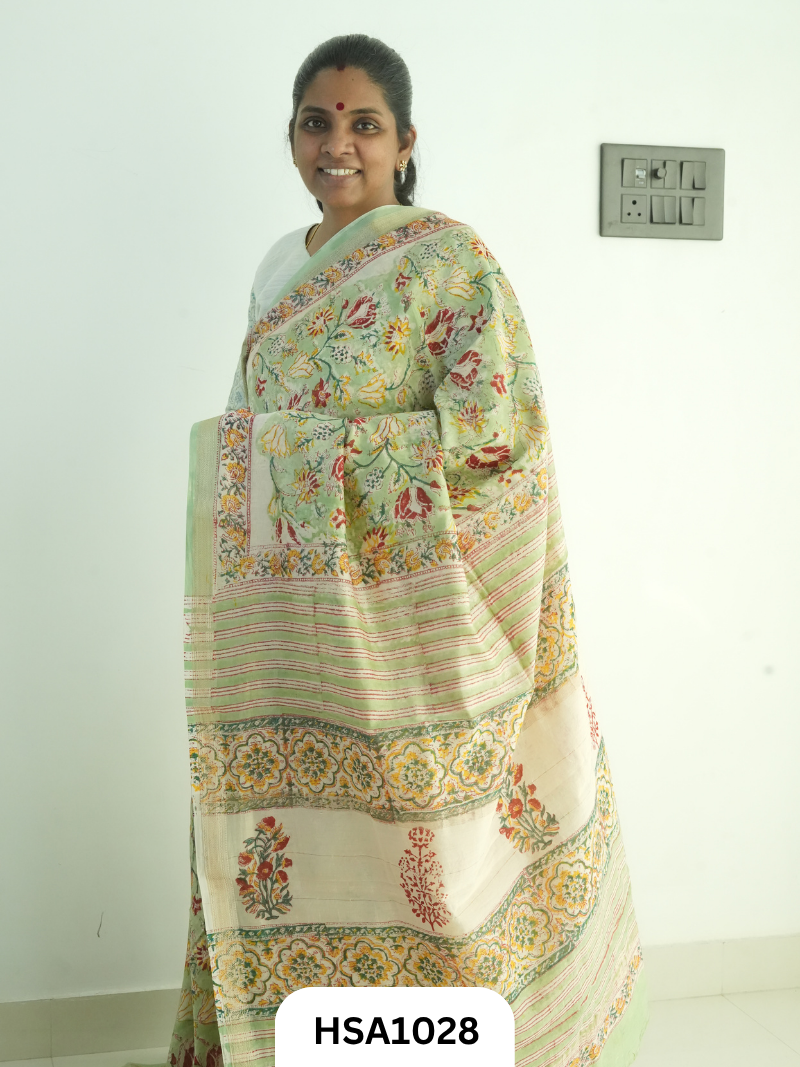 Pure Maheswari Silk Cotton - Handblock Print Saree With Blouse