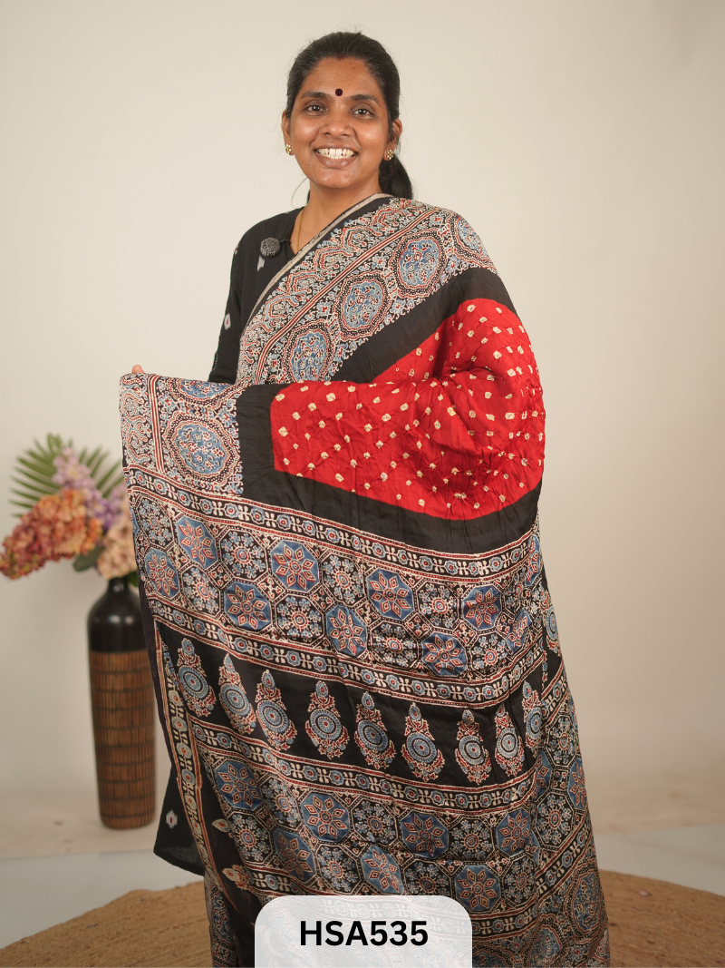 MODAL AJRAKH WITH BANDHINI SAREE