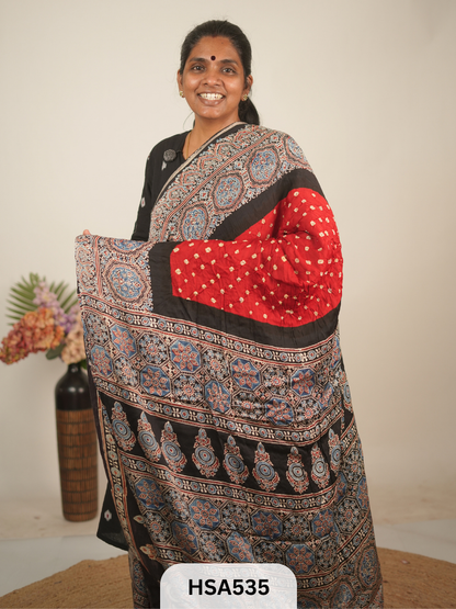 MODAL AJRAKH WITH BANDHINI SAREE