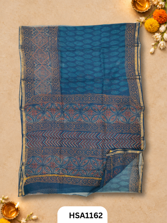 Hand Block Printed Kota Doriya Saree with Blouse