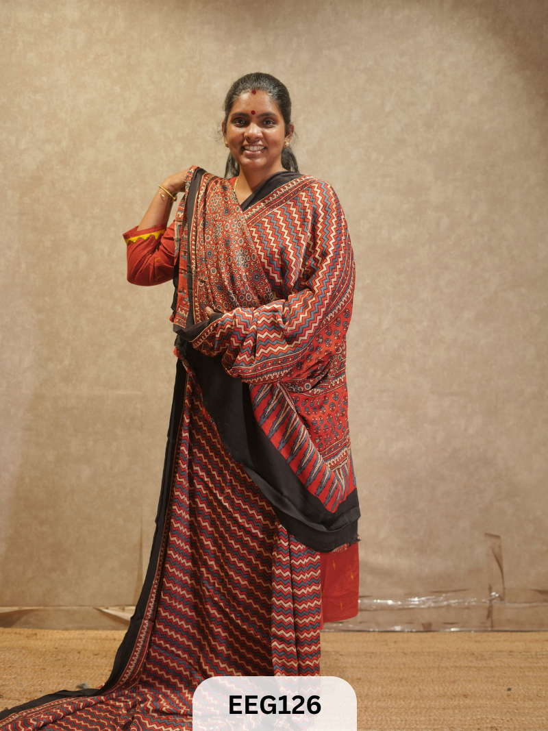 AJRAKH MODAL SAREE WITH KHATLI HANDWORK