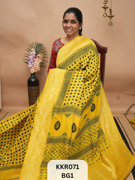 DOLA SILK - KHADI BORDER  AJRAKH HANDBLOCK PRINT