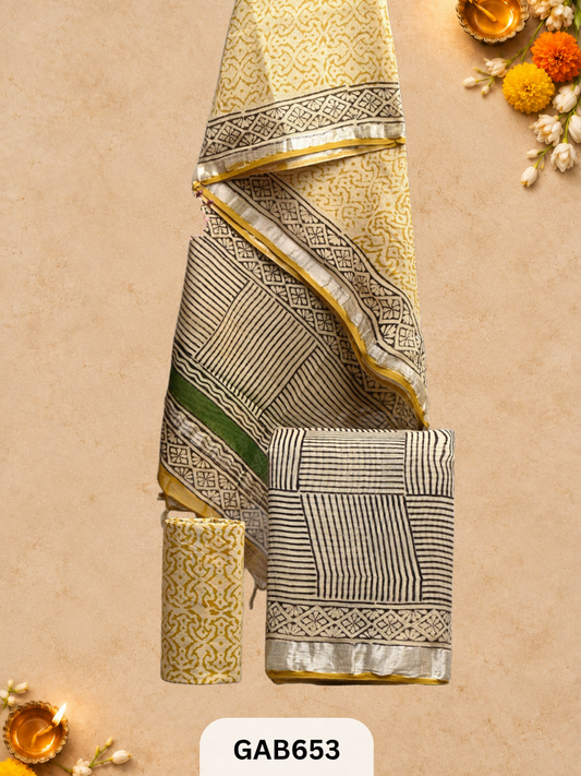 Bagru Hand Block Printed Linen Suits With Zari Border