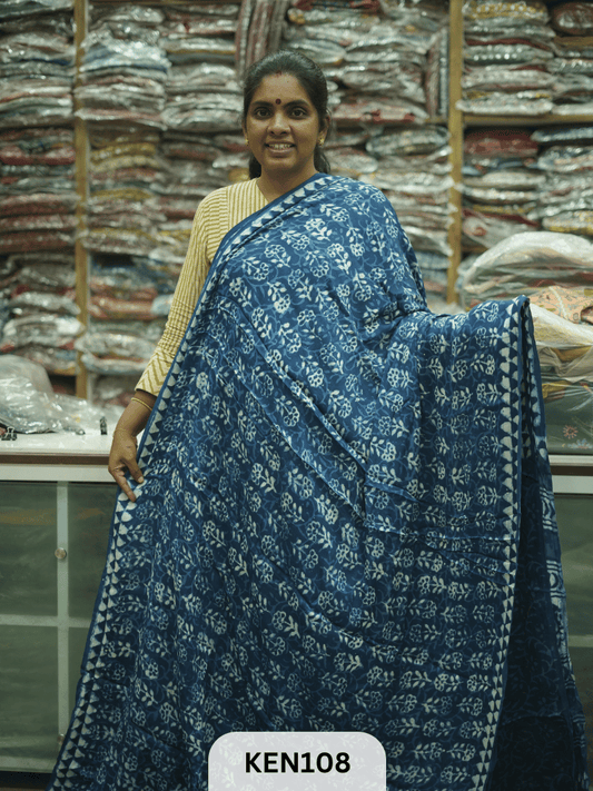 MODAL INDIGO DABU HANDBLOCK PRINT SAREE - NATURAL PROCESS