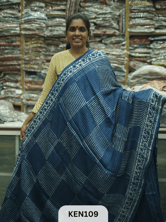 MODAL INDIGO DABU HANDBLOCK PRINT SAREE - NATURAL PROCESS