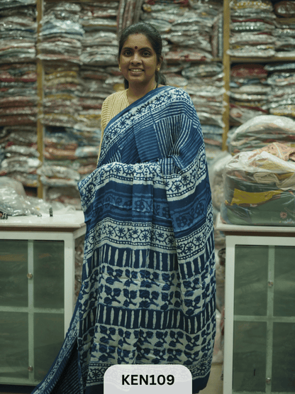 MODAL INDIGO DABU HANDBLOCK PRINT SAREE - NATURAL PROCESS