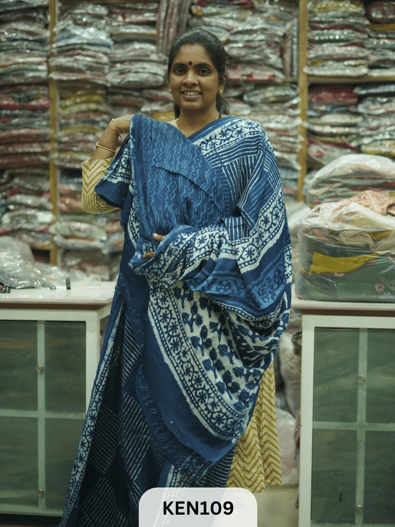 MODAL INDIGO DABU HANDBLOCK PRINT SAREE - NATURAL PROCESS