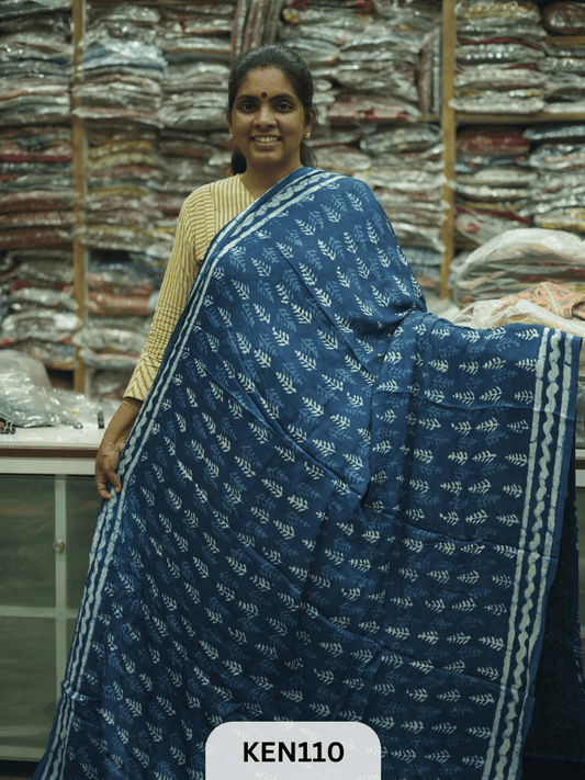 MODAL INDIGO DABU HANDBLOCK PRINT SAREE - NATURAL PROCESS