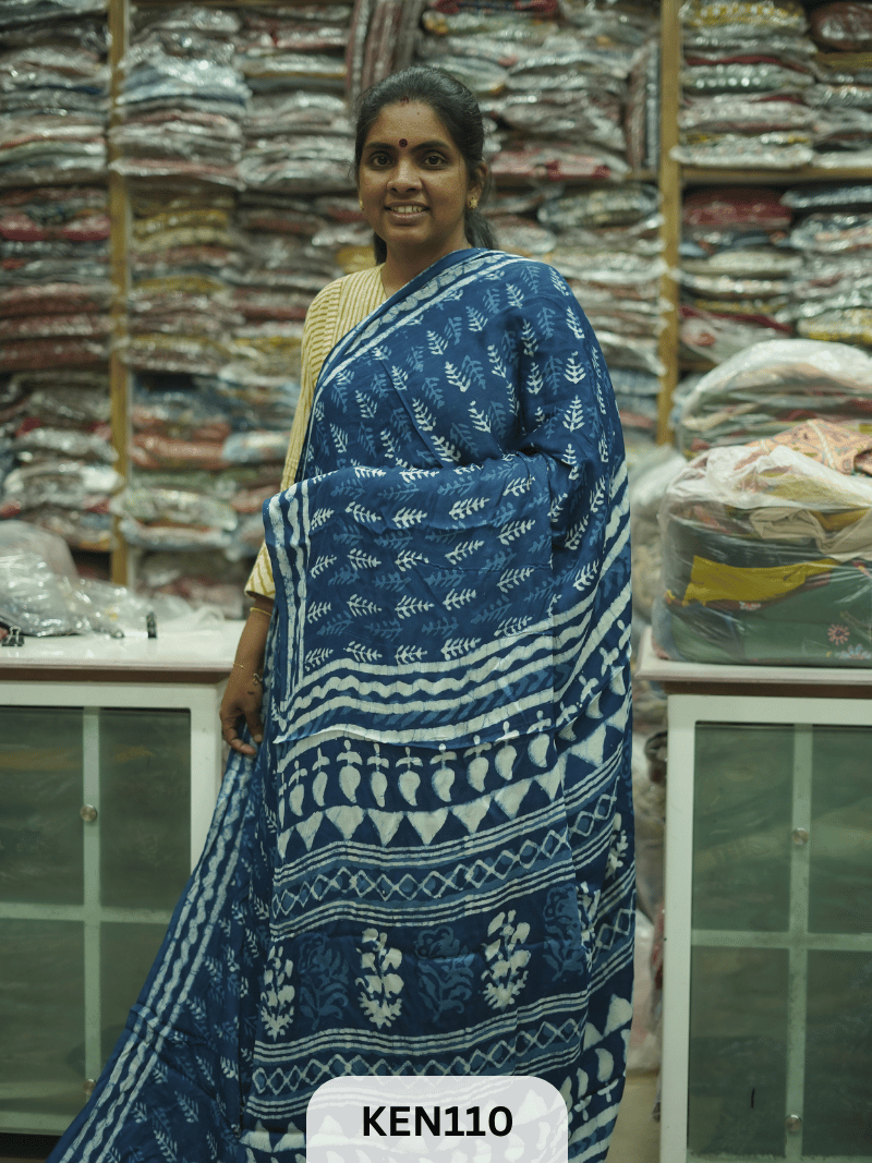 MODAL INDIGO DABU HANDBLOCK PRINT SAREE - NATURAL PROCESS