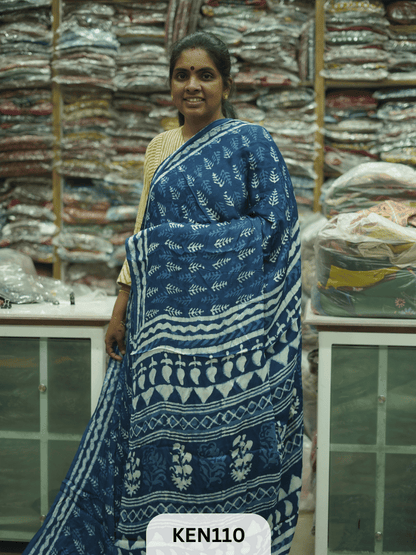 MODAL INDIGO DABU HANDBLOCK PRINT SAREE - NATURAL PROCESS