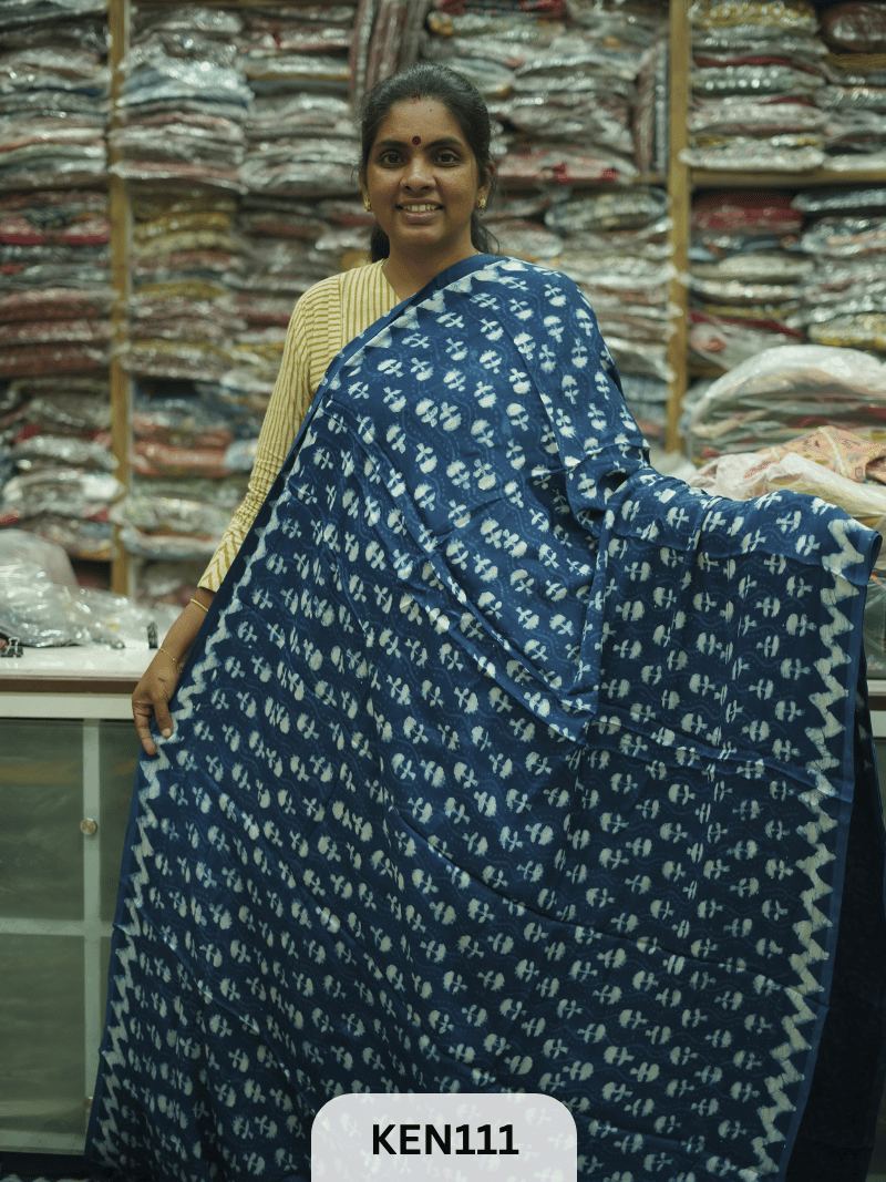 MODAL INDIGO DABU HANDBLOCK PRINT SAREE - NATURAL PROCESS