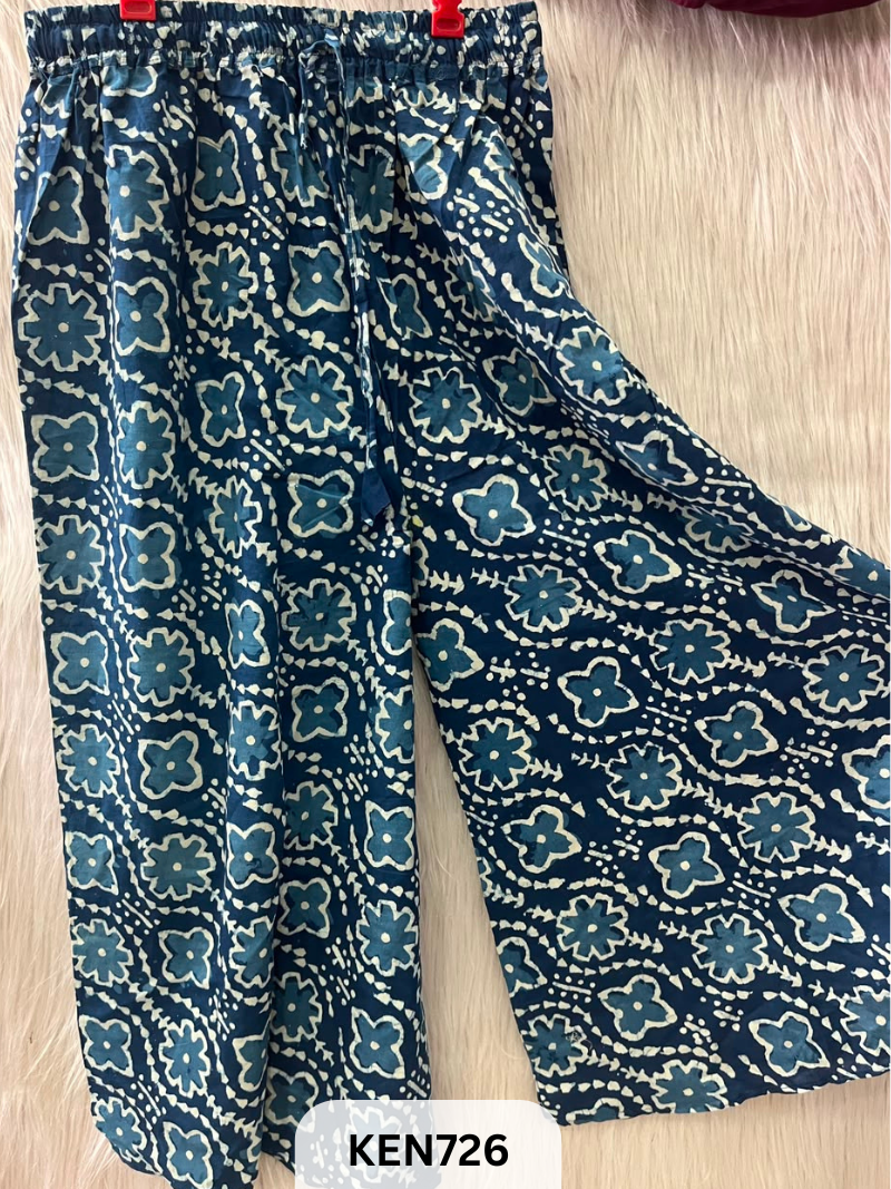 INDIGO COTTON PALAZO PANT FREESIZE-(22TO40INCH)
