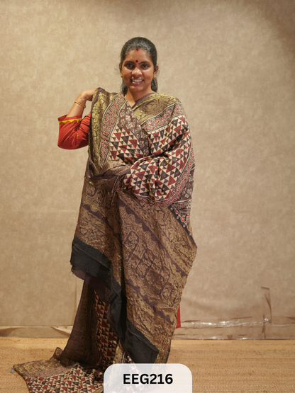 AJRAKH DOLA SILK SAREE WITH MIRROR WORK - IMMEDIATE DISPATCH