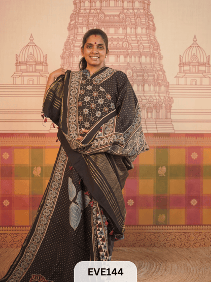 PURE CHANDERI SILK AJRAKH HANDBLOCK SAREE