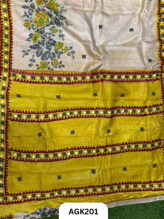 GAACHI BY NETHI TASSAR  SCREEN FLORAL PRINTING WORK  DETAILED WITH HEAVY HAND KUTCHI WORK