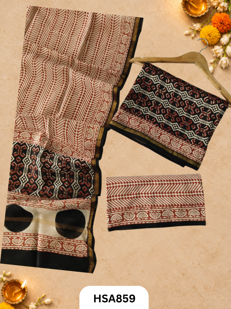 HandBlock Printed Chanderi Silk Cotton Suits -Top 2.5M Duptta 2.5M