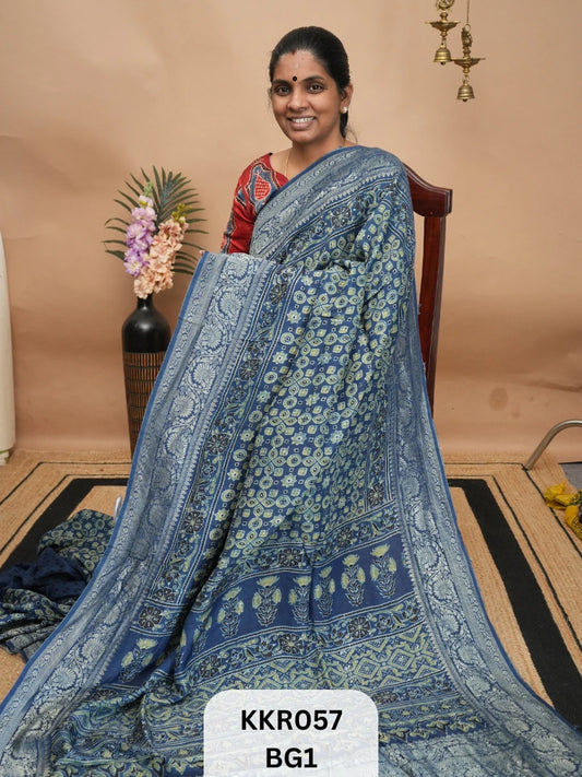 DOLA SILK - KHADI BORDER  AJRAKH HANDBLOCK PRINT