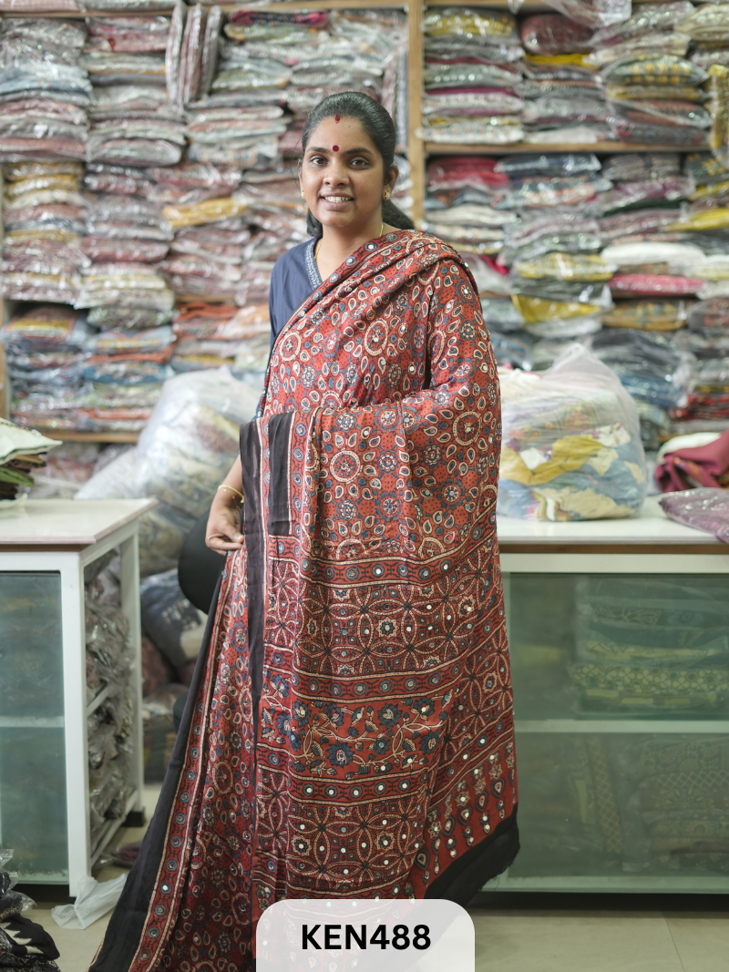 MODAL NATURAL AJRAKH HANDBLOCK SAREE WITH GLUE MIRROR