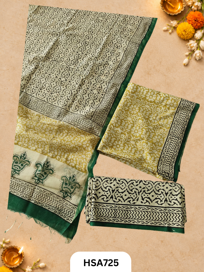 HandBlock Printed Chanderi Silk Dupatta With Cotton Suits -Top 2.5M Duptta 2.5M