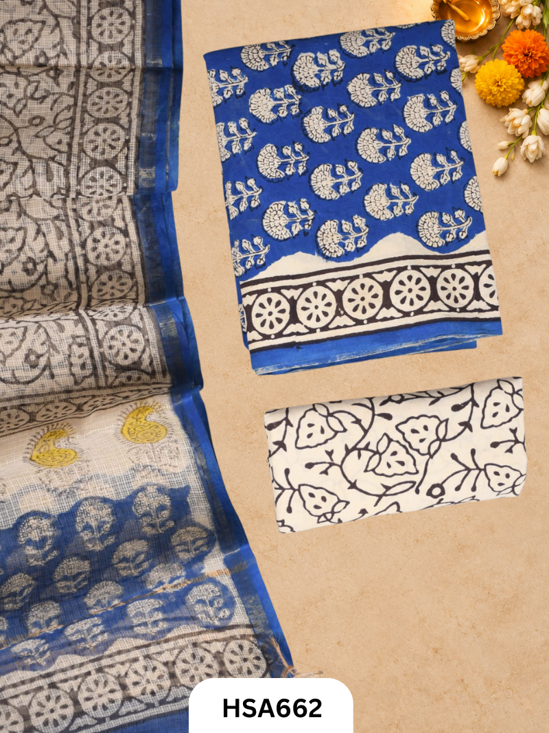 Handblock Printed Kota Doriya Dupatta With Cotton Suits Top 2.5mtr Dupatta 2.5mtr