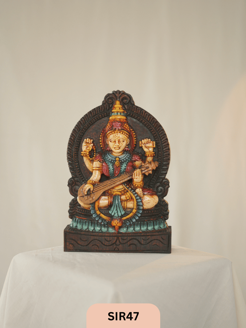 WOODEN GODDESS SARASWATHI STATUE - Height 12" INCH, WIDTH 8"INCH