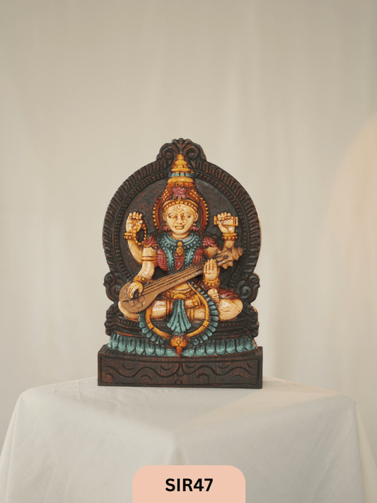 WOODEN GODDESS SARASWATHI STATUE - Height 12" INCH, WIDTH 8"INCH