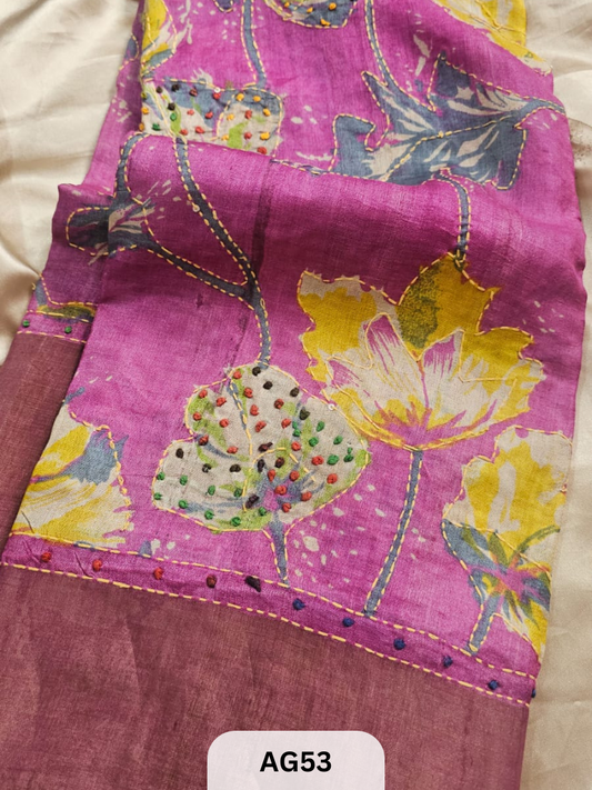 PURE TUSSAR WITH BORDER | SPECIAL HAND PAINT |HAND KANTHA STITCH | SILK MARK