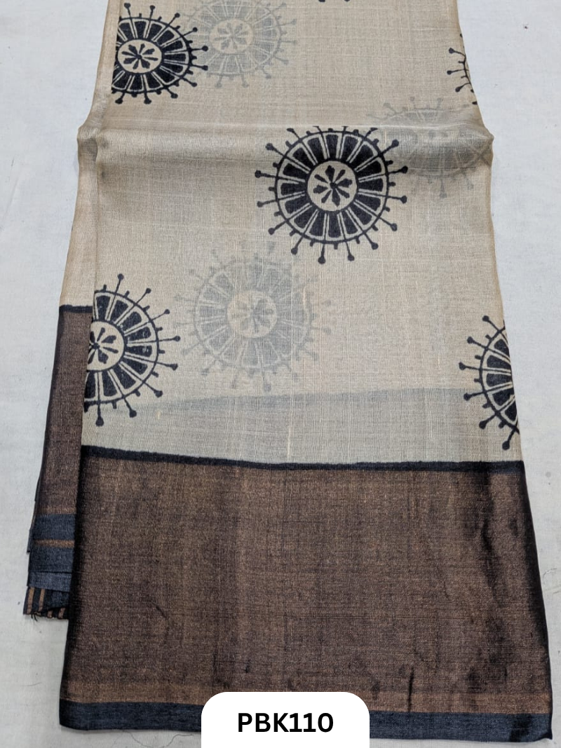 Premium Pure Tussar Silk Handblock Print Saree – Kolkata Special