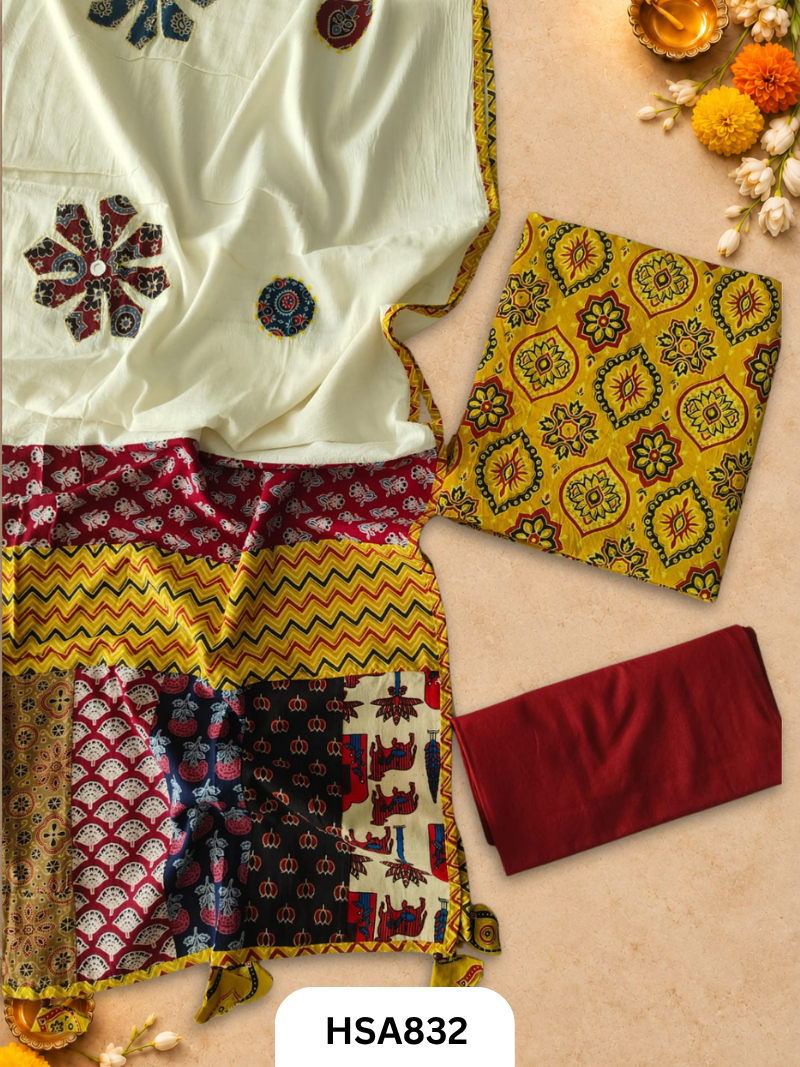 Ajrahk Print With Patch Work And Mirror Work Dupatta