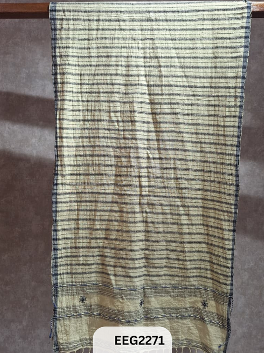 HANDWEAVED KALA COTTON STOLE WITH EXTRA WEFT TESSLES-2.2MTR*20INCH