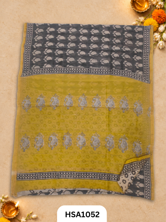 Pure Hand Block Printed Chanderi Silk Saree With Printed Blouse