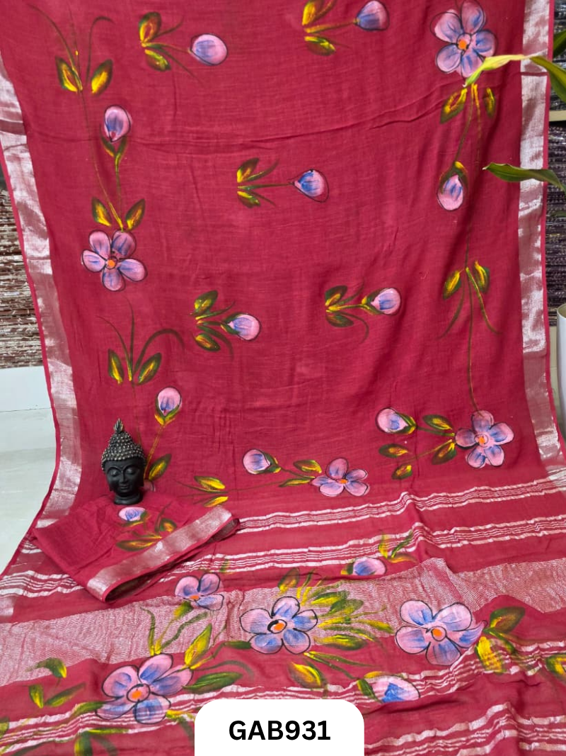 Bagru Handblock Print Linen Saree With Attached Blouse