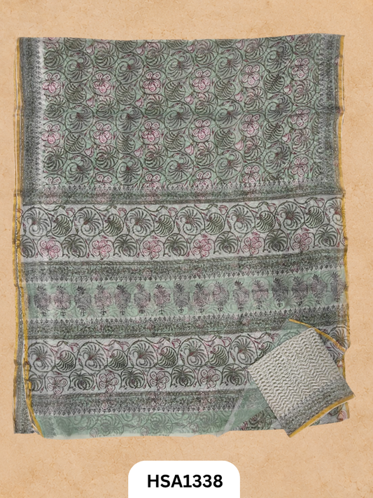 Chiffon Zari Border Saree - Hand Brush Painted