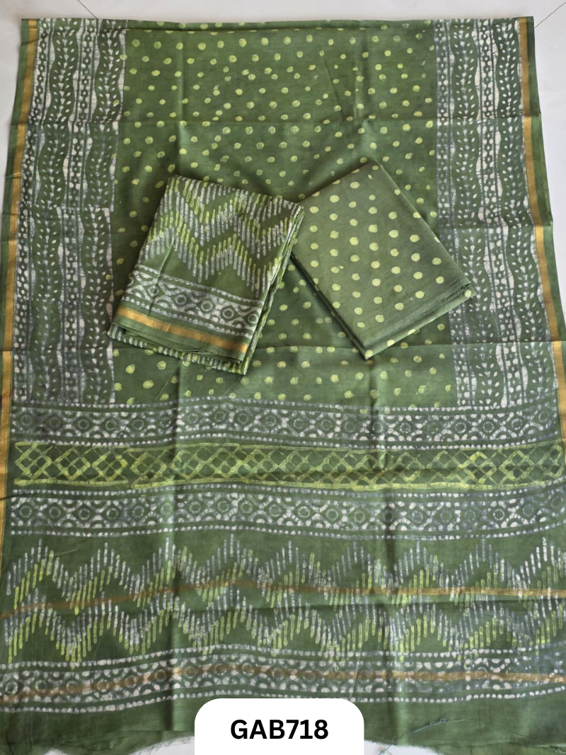 Hand Block Chanderi Silk Dress Materials Top 2.5 Mtrs Duptta 2.5 Mtrs
