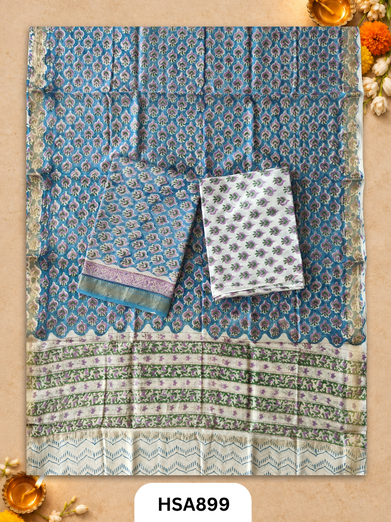 HandBlock Printed Maheshwari Silk Zari Border Top & dupttas 2.5 Mtrs | Bottom cotton 2.50 mtrs