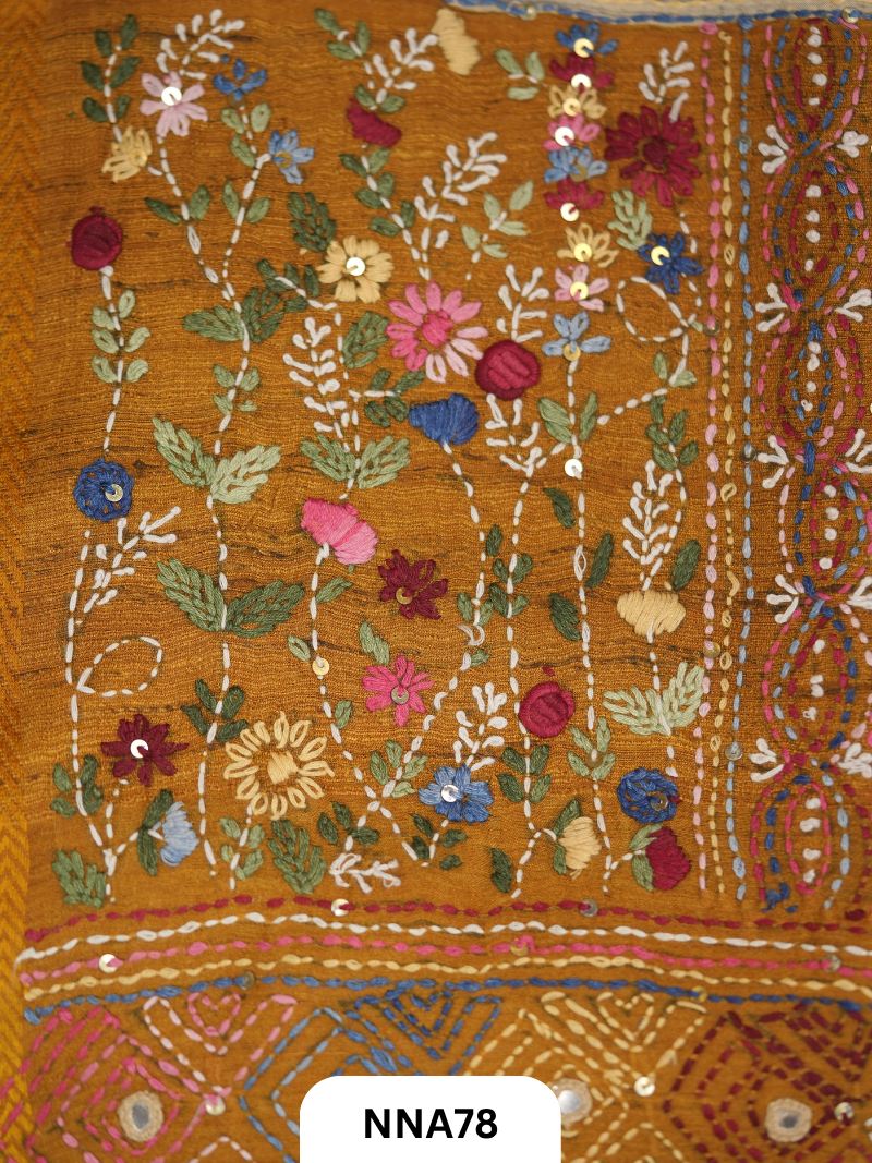 Handloom Pure Tussar Silk - Maheshwari Border and Bullion With Kantha Stitch Saree