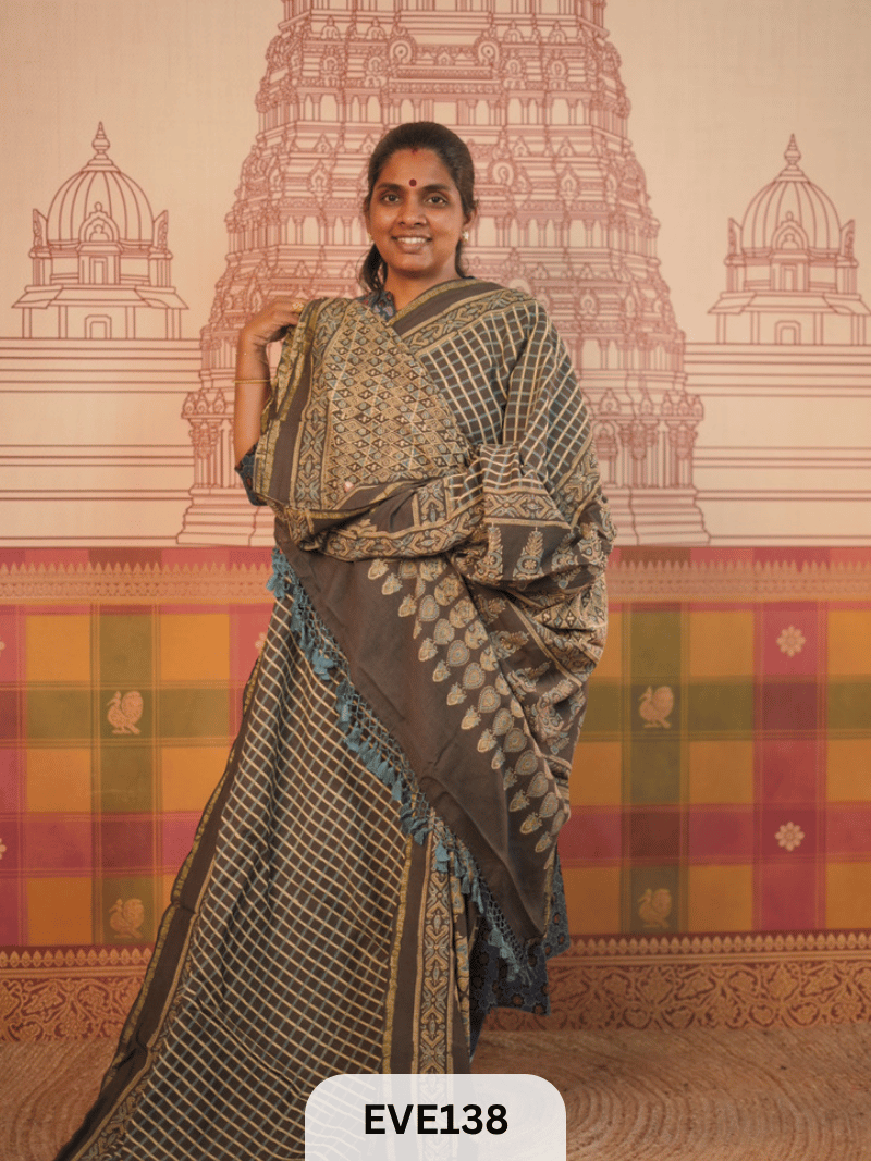 PURE CHANDERI SILK AJRAKH HANDBLOCK SAREE