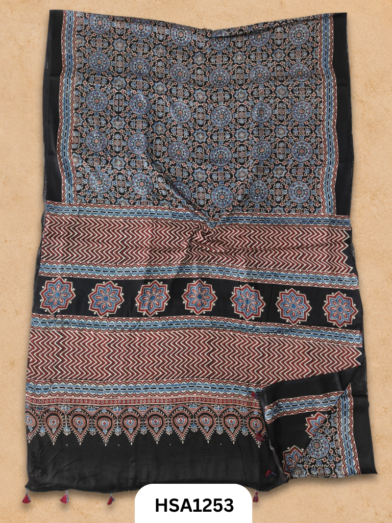 Natural Dye Vegetable Hand Block Print Ajrakh Print Pure Modal Silk Saree