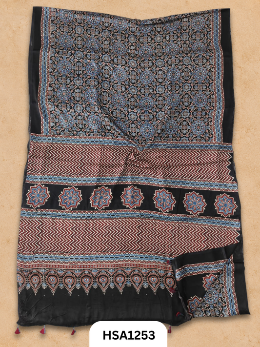 Natural Dye Vegetable Hand Block Print Ajrakh Print Pure Modal Silk Saree