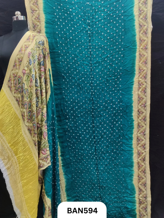 Semi Gaji ts kalamkari digital print pallu, blouse and border with bandhej saree