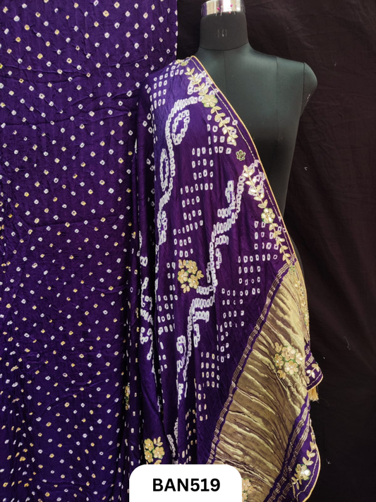Semi gaji silk tissue pallu dani bandhej saree with khatli handwork